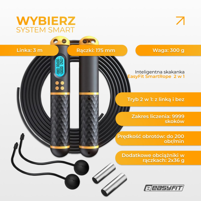Inteligentna skakanka EasyFit SmartRope 3 m z obciążnikami (bezprzewodowa)