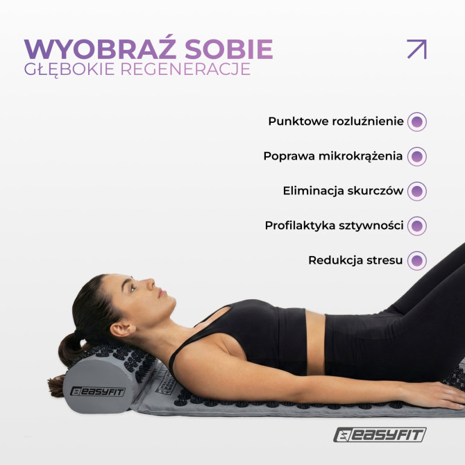 Mata do akupresury EasyFit z poduszką + pokrowiec szara z czarnym