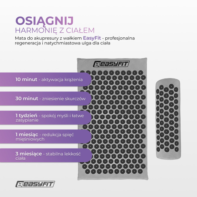 Mata do akupresury EasyFit z poduszką + pokrowiec szara z czarnym